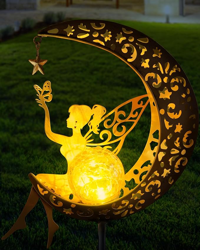 Solar Garden Statues Outdoor Decor, Fairy Moon Figurine Light Stake, Housewarming Ornament for Patio, Lawn, Yard, Pathway - Unique Gift Ideas for Gardening Mom Grandma Vuees