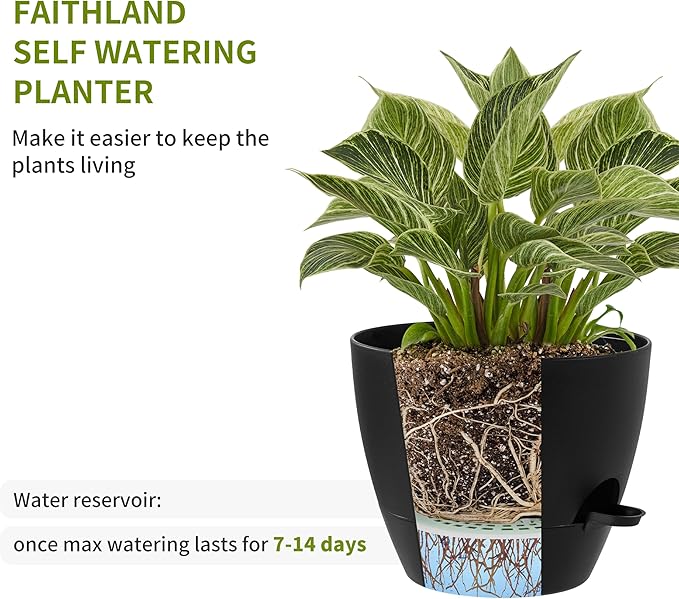 FaithLand 3-Pack Planter Pots, 10 9 8 Inch Self Watering Flower Pots for Indoor Outdoor Garden Plants, Black FaithLand