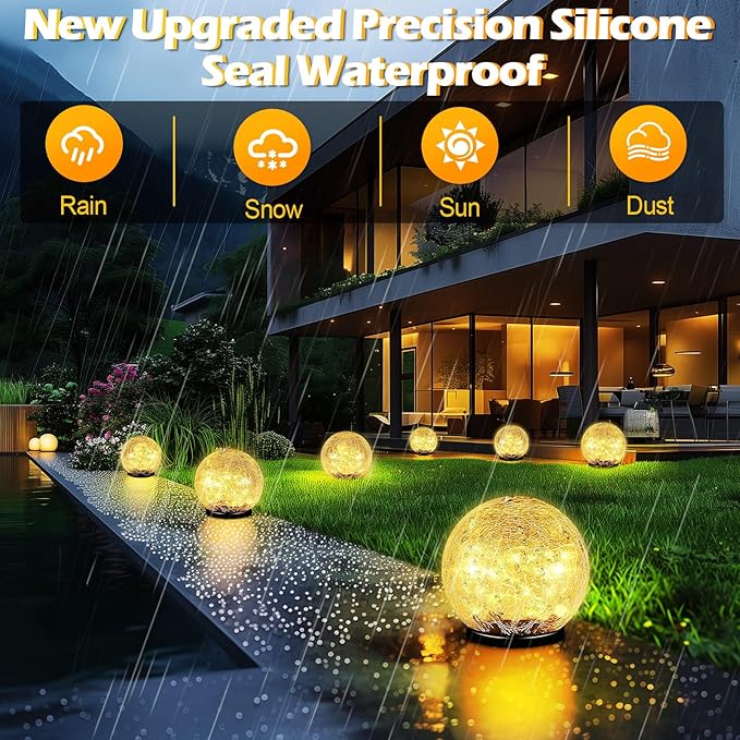 Coroor Garden Solar Ball Lights Outdoor Waterproof, 50 LED Cracked Glass Globe Solar Power Ground Lights for Path Yard Patio Lawn, Christmas Decoration Landscape Warm White(2 Pack 4.7'') Coroor