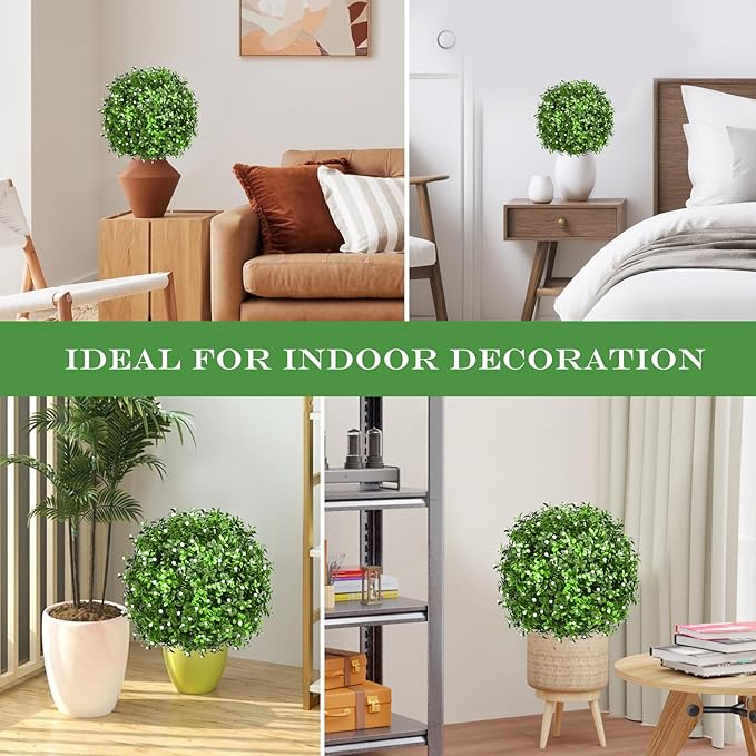 Artificial Topiary Bushes for Outdoors with Spike, Boxwood Ball Fake Shrubs UV Resistant Faux Plants for Indoor Outdoor Fall Thanksgiving Halloween Decor (Gypsophila Boxwood White-2 Packs) FAJUNZH