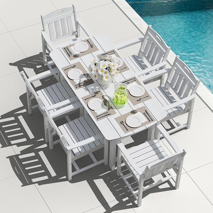 HDPE Outdoor Patio Dining Set with Table & 6 Chairs, All-Weather 7-Piece Outdoor Table and Chairs, 2" Umbrella Hole, Patio Furniture for Garden, Backyard, Deck | White Suunyn