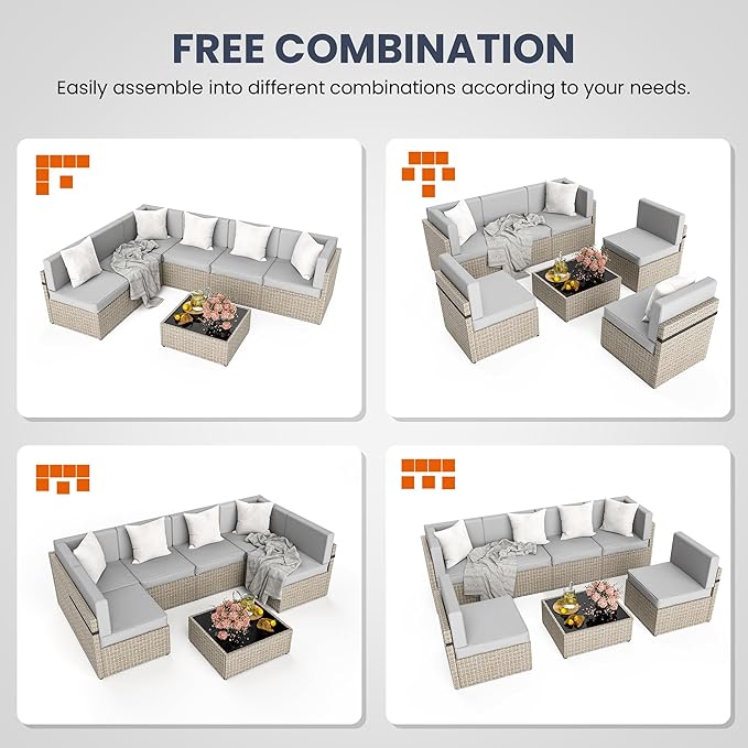 Pamapic 7-Piece Outdoor Sectional Furniture Set, All-Weather Wicker Patio Sofa with Washable Cushions, Gray Waterproof Rattan Conversation Set for Backyard, Poolside, Garden (Gray Cushions) Pamapic