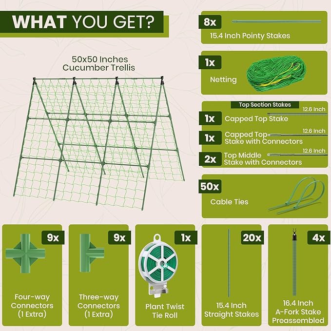 50x50 Cucumber Trellis for Raised Bed - A Frame Garden Trellis for Climbing Plants Outdoor - Cucumbers, Pea, Zucchini, Squash,Tomato, Green Bean, Vine, Watermelon, Melon, Pumpkin K-BRANDS