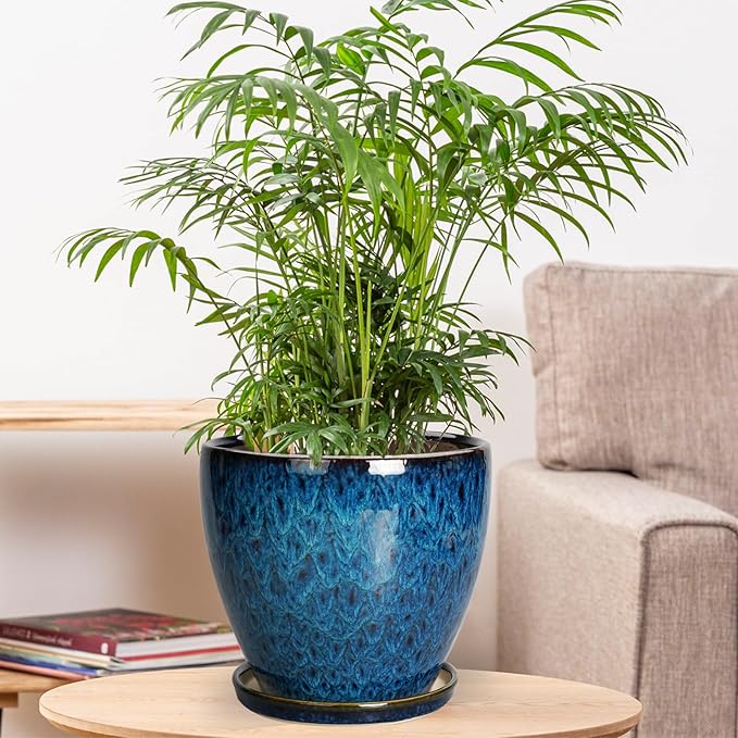 8 Inch Ceramic Planter Pot with Drainage Hole and Saucer, Ceraimc Plant Pot Round Flower Pot for Indoor Plants Outdoor Garden Planter, Blue EPFamily