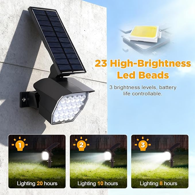 23 LED Solar Spot Lights Outdoor Waterproof, 2 Pack Solar Lights UP to 20Hrs, 3 Brightness Levels Spotlight Landscape Lighting, Auto ON/Off Outdoor Solar Lights for Yard, Garden, Lawn (Cool White) Rootora