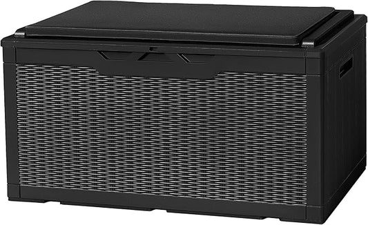 Flamaker Deck Box with Cushion 100 Gallon Waterproof Resin Storage Box with Air Rod Indoor Outdoor Lockable Storage Bench for Patio Furniture, Tools, Pool Accessories (Black) Flamaker