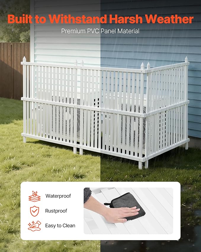 VEVOR 3 Panels Outdoor Privacy Screen, 36 x 45 in Air Conditioner Fence with 19.7 in Ground Stakes, Pool Equipment Enclosure, Strip Vinyl Privacy Fence, Ideal for Trash Can and A/C Units, White VEVOR