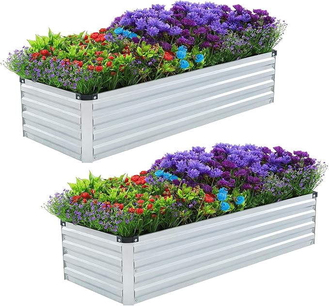 2 Pack 4x2x1FT Galvanized Raised Garden Bed Kit, Outdoor Metal Planter Box for Vegetables, Bottomless Rectangular Gardening Bed with Support Rods, Tool-Free Assembly, Silver Meberam