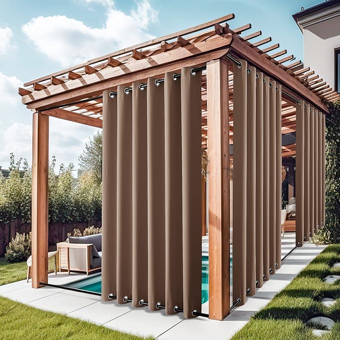 NICETOWN Outdoor Patio Curtains Windproof & Waterproof 2 Panels, Grommet Top & Bottom Wind-Break Thermal Insulated Blackout Extra Wide Weighted Gazebo Blinds for Yard/Porch, Tan, W84 x L108 NICETOWN