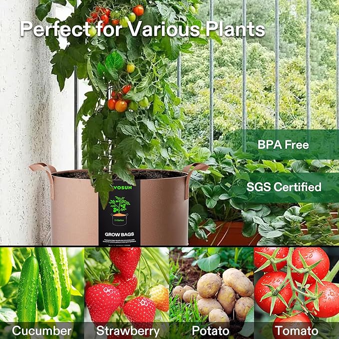 VIVOSUN 5-Pack 15 Gallons Grow Bags Heavy Duty Thickened Nonwoven Fabric Pots with Strap Handles Tan VIVOSUN