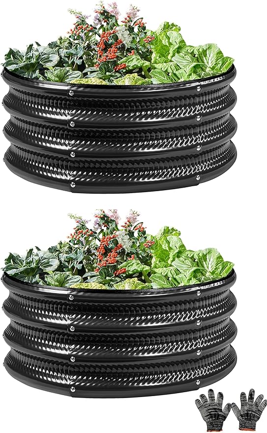 2 Pcs 2x2X1 FT Round Galvanized Raised Garden Bed Kit, Black Outdoor Planter Garden Bed, Metal Raised Box for Vegetables, Fruits, Flowers & Herbs Gartist