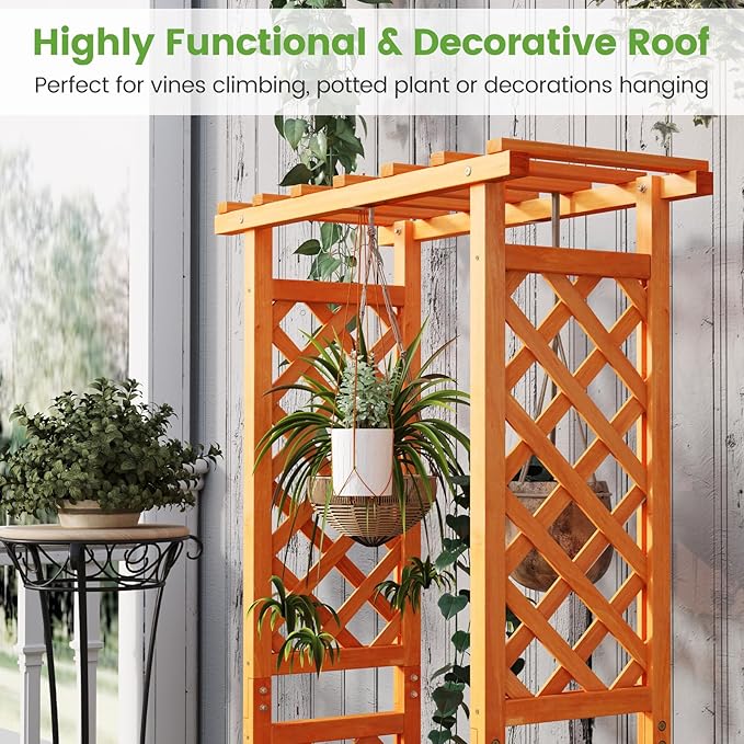 Giantex Set of 2 Raised Garden Bed with 2-Sided Trellis & Hanging Roof, Fir Wood Planter Box w/Drainage Holes, Bottom Gaps, Freestanding Garden Planter for Flowers Herbs Climbing Vines (31"x12.5"x60") Giantex