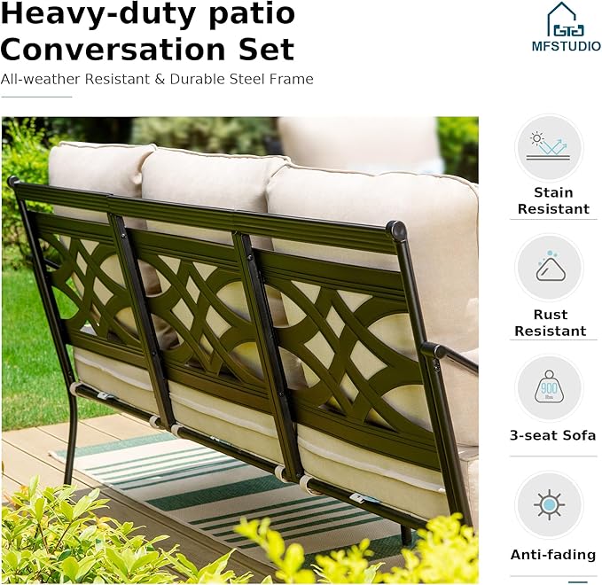 MFSTUDIO 5 Seats Large Metal Patio Conversation Sets, 4 Pieces Outdoor Furniture Sofa with 2 Fixed Chairs, 1 Sofa(3-seat) and Table for Outside Balcony Backyard Poolside MFSTUDIO