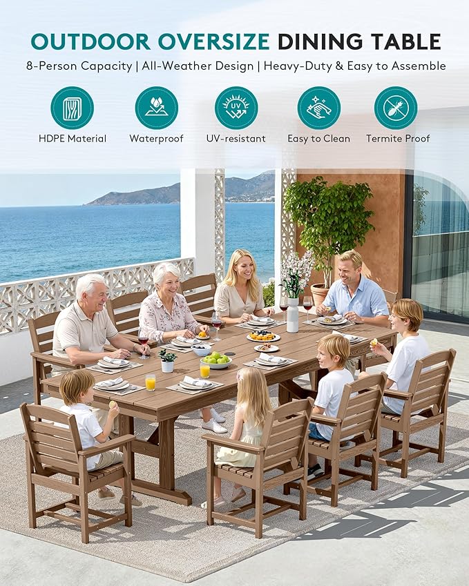 SERWALL 9 Piece Outdoor Dining Set, 84" HDPE Outdoor Table and Chairs for 8，All Weather Patio Furniture Set with Umbrella Hole for Backyard, Garden, Brown SERWALL