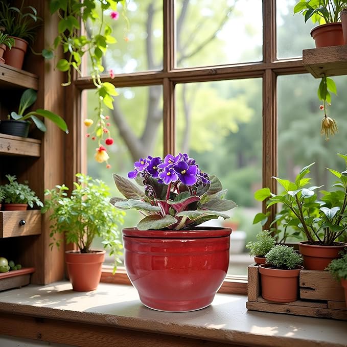 African Violet Pots Self Watering Round Ceramic Violet Pot (red, 6 inch) Dphagesy