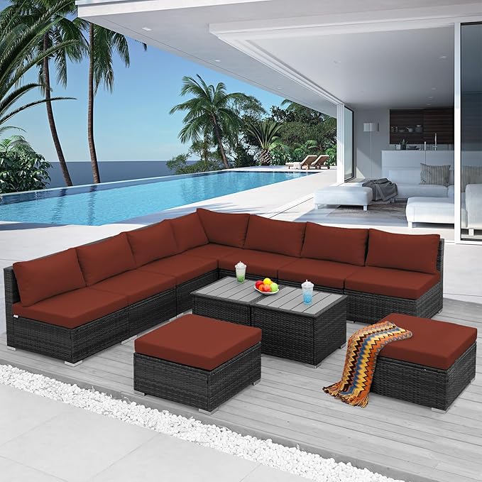 NICESOUL 11 Piece L Shape Patio Furniture Set, 29.3'' High Back Comfy Rattan Outdoor Conversations, Big Size Deep Seated Contemporary Sectionals for Backyard Deck Porch, 2 Color Cushion Red & Gray NICESOUL