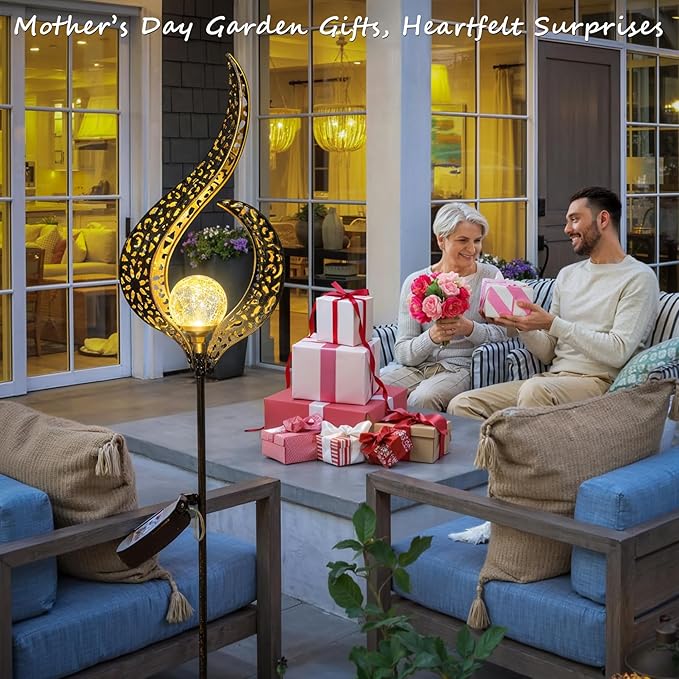 Outdoor Garden Gifts Solar Lights Stake Waterproof, Mothers Day Gifts Mom, Crackle Glass Metal Flower LED Yard Art Ornaments Lights for Pathway, Lawn or Courtyard, Birthday Gifts Women (Bronze) Homeimpro