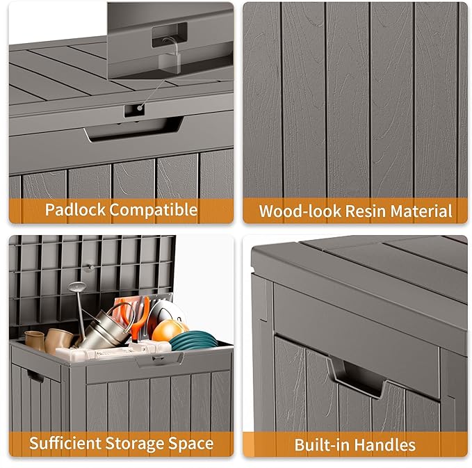 30 Gallon Outdoor Storage Box, Large Resin Deck Box for Patio Cushions, Garden Tools, Pool Accessories, Waterproof and Lockable Design, Storage Bench for Backyard & Deck(Gray) Rootora