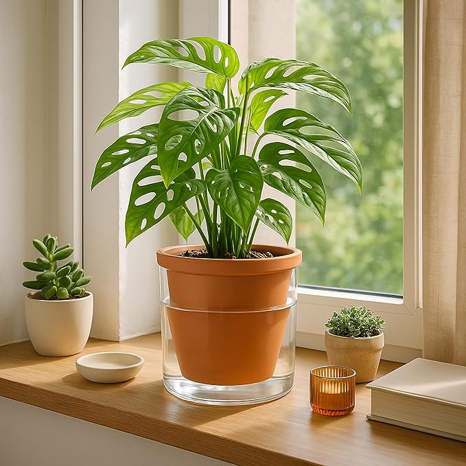 D'vine Dev 6 Inch Design Self Watering Pot for Indoor Plants, Terracotta Planter with Cylinder Glass Cup, 37-X-B-1 DvineDevPlanterPotsandStand