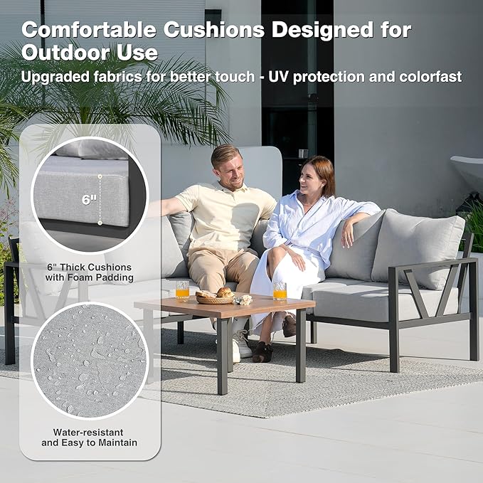 Outdoor Furniture Set, 6 Pieces Outdoor Couch Sectional, L Shaped Metal Patio Corner Sofa with 6” Thick Cushions, Patio Seating Conversation Set, Light Grey COMLAXFIELD