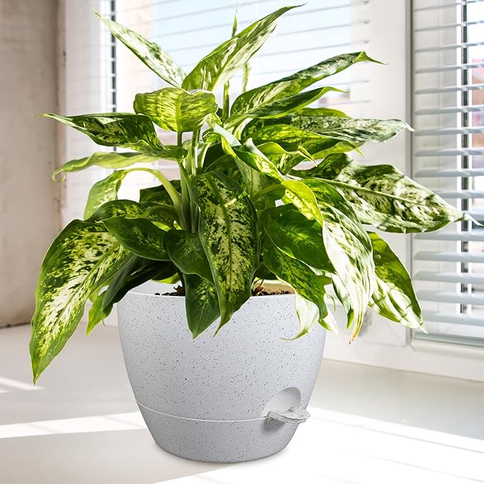 12/10/9 inch Large Self Watering Pots, Plant Pots with Mesh Drainage Holes for Indoor Outdoor Garden Plants, Flower Pots with Deep Reservoir, Set of 3 Plastic Planters, Specked White WSMKSZ
