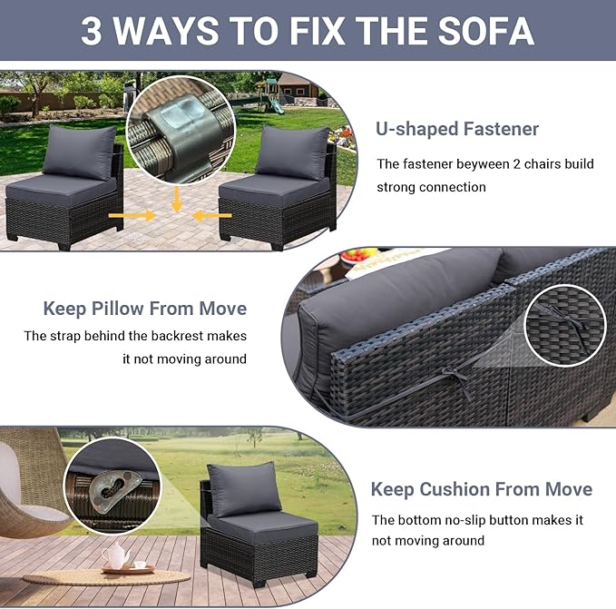 Jing's Villa 6-Piece Patio Furniture Set, All-Weather Outdoor Wicker Sectional Sofa with Cushions, Glass Table & Left and Right Armrest, Rattan Conversation Seating for Porch, Garden, Backyard,Grey JingsVillaOutdoorFurniture