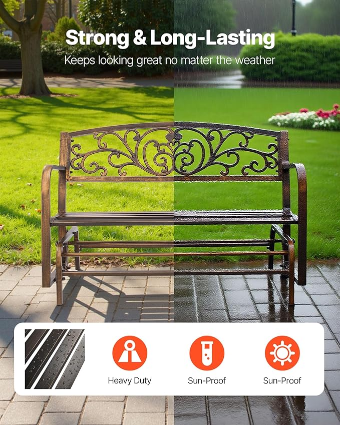 VEVOR Outdoor Bench, 50 inch, Carbon Steel Metal Frame with Cast Iron Backrest and Round Edge Armrests, Weatherproof Outside Glider Bench for Patio, Garden, Park, Yard, Front Porch, Antique Bronze VEVOR