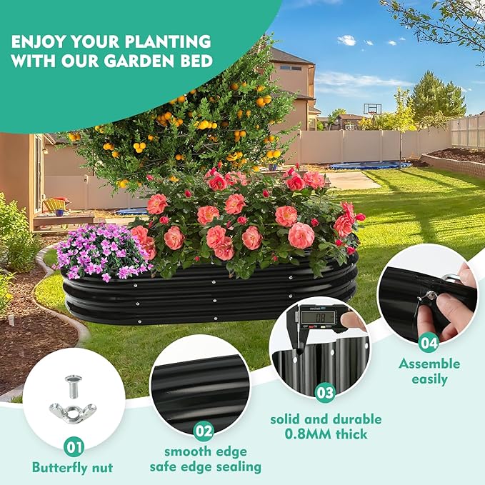 6X3X1 FT Oval Galvanized Metal Garden Raised Bed/Plant Box for Planting,36 Inches Diameter Iron Fire Pit Ring,Small Animal Fence-3 in 1 Modular Design in Black (Black, 72X36X11.5 Inches) YSEJOMP