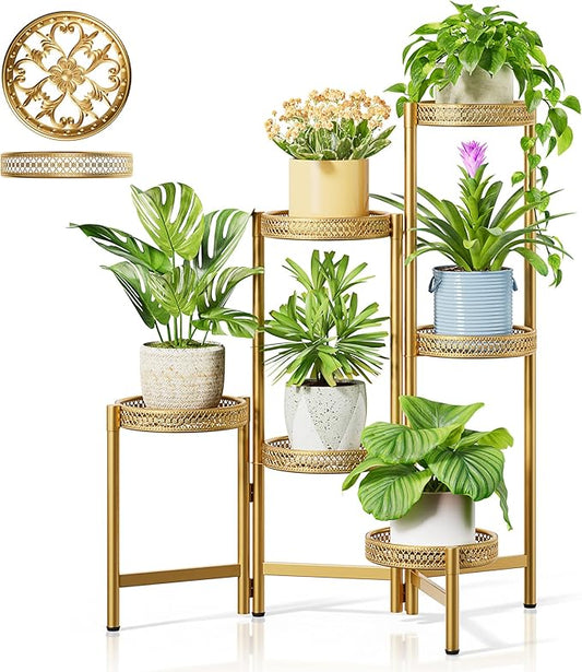 7 Tiered Metal Corner Plant Stand Indoor Outdoor, Tall Large Folding Rack with Rust Proof 10 Inch Wide Tray, Heavy Duty Flower Shelf for Multiple Plants for Patio - GoldWave Rootora