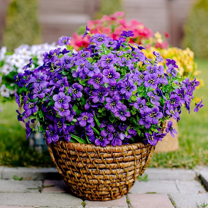 Artificial Flowers for Outdoors Fake Plants - 16 Bundles Fake Plants UV Resistant No Fade Faux Plastic Greenery Home Garden Porch Patio Decoration Office Indoor (Purple) AXYLEX