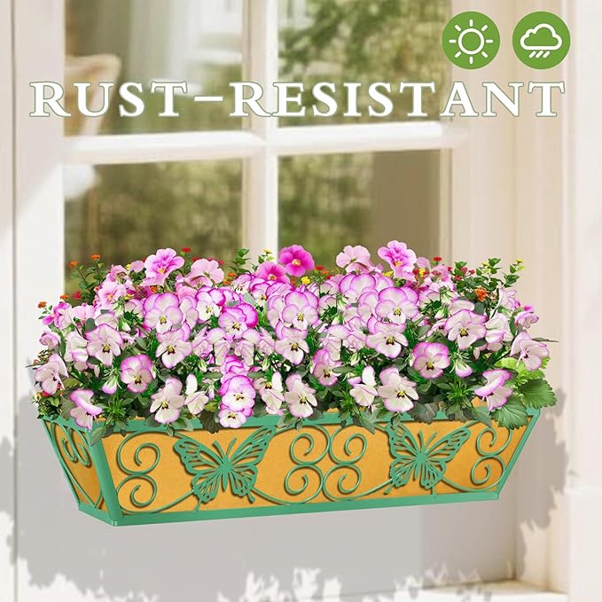 4 Pack 24 Inch Window Boxes Planters Railing Planter Box with Adjustable Brackets for Porch Fence Patio Balcony Hanging Flower Baskets with Woven Fabric for Outdoor Garden Decor - Green KarlliuHOMEGARDEN