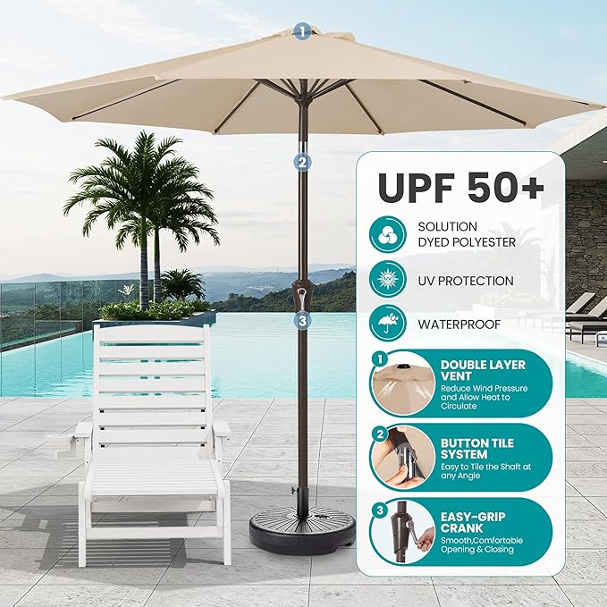 SERWALL Patio Chaise Lounge Chair Set of 2 with 9FT Patio Umbrella, 78'' HDPE Outdoor Lounger, Poly Lounge Chair with Rolling Wheels & Cup Holder for Pool,Light White (Umbreall Base not Included) SERWALL
