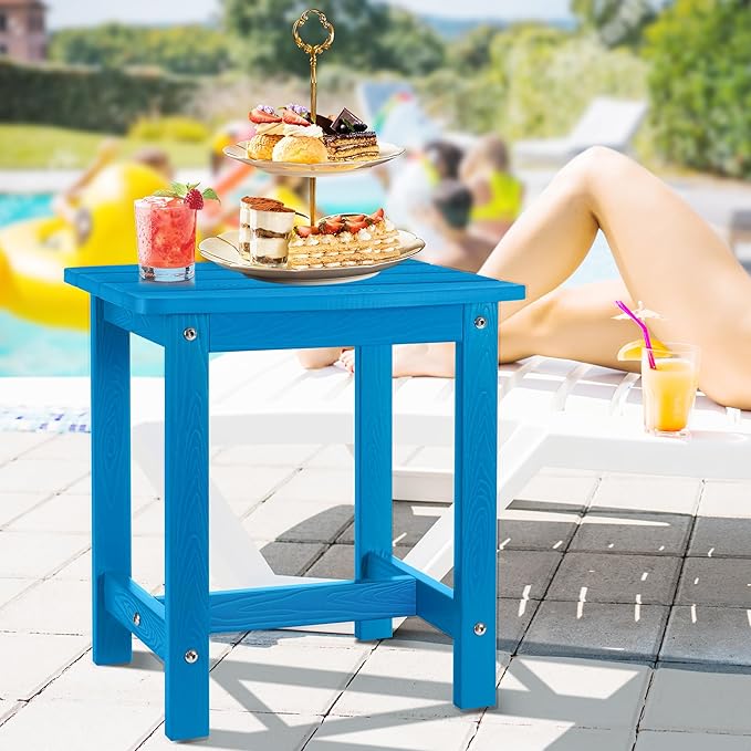Y&M Outdoor Side Table, HIPS Adirondack Small Single Table, Waterproof Square Outside Table, Balcony Modern End Tables for Patio, Pool, Beach, Porch, Deck, Indoor or Outdoor Use, Bright Blue YM