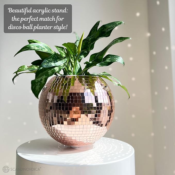 SCANDINORDICA Disco Ball Planter – Value Package: Mirror Disco Planter with Chain, Macrame Hanger and Acrylic Stand for Desk, Self Watering Insert, Plant Lover Gifts | 10 inch Rose Gold SCANDINORDICA