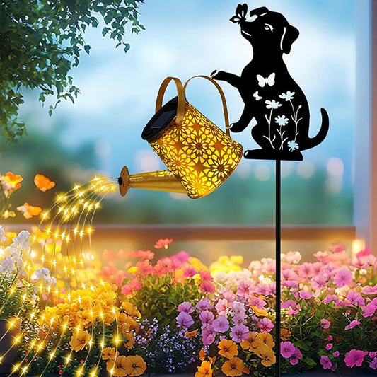 Solar Lights Outdoor Decorative, Watering Can with Cascading Lights, with Dog Silhouette Garden Stakes, Gifts for Mom Women, Waterproof Metal Garden Decor for Yard Art, Outside(1 Pack) OSTRITEC