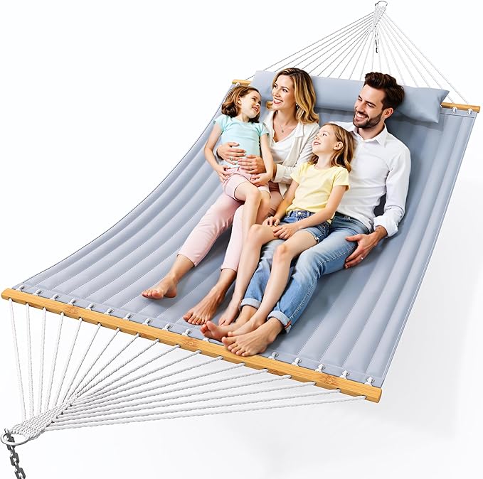 Double Hammock with Spreader Bar,Soft Pillow,Max Load 500lbs,Portable Hammock for Outdoor,Camping,and Backyard,Dark Gray Rootora
