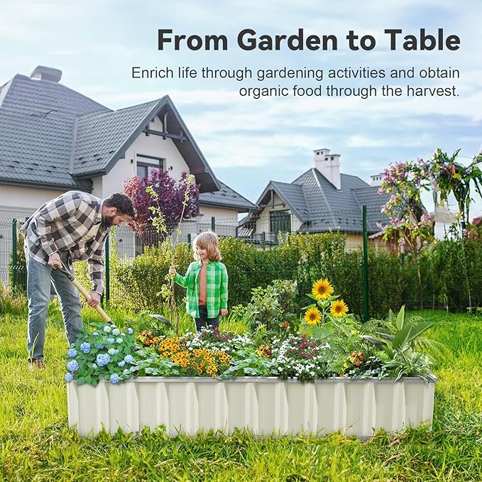 KING BIRD Raised Garden Bed 68"x 36"x 12" Galvanized Steel Metal Outdoor Garden Planter Box Kit with 2 Pairs of Gloves (Ivory) KINGBIRD