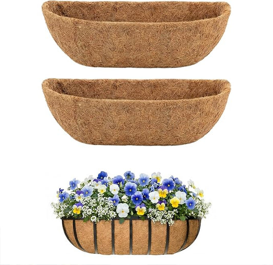 2 Pcs 24 Inch Trough Coco Liner for Window Box, 100% Natural Half Moon Coconut Coir Planter, Replaceable Coconut Fiber Liner for Window Boxes & Fence Flower Baskets (2, 24 inch) Rootora