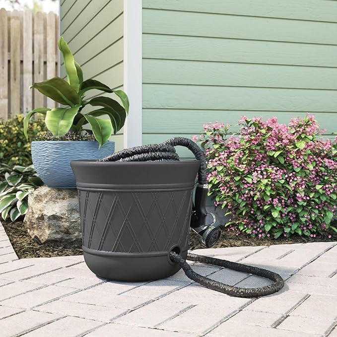 Suncast 8 Pack 14" x 12" Round Resin Decorative Weatherproof Outdoor Hideaway Standard Garden Hose Storage Pot with Drainage Holes, Gray Suncast