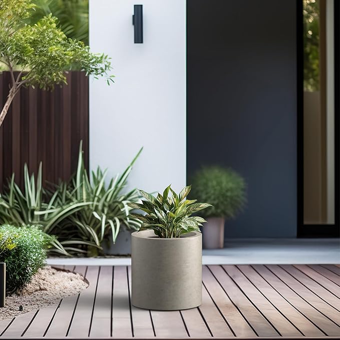 Kante 12.6" Dia Round Concrete Planter, Modern Style Large Cylindrical Plant Pot with Drainage Hole and Rubber Plug for Indoor Outdoor Patio, Weathered Concrete Kante