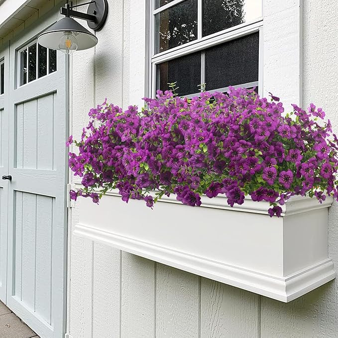 Artificial Fake Flowers for Outdoor Spring Decoration, 16 Bundles Faux Silk Colorful UV Resistant Realistic for Outside Porch Patio Home Yard Garden Planters Pots Window Box (Light Purple) Grunyia