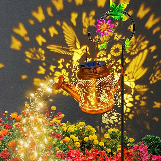 Solar Lanterns Outdoor Waterproof, Hummingbird Watering Can Garden Decor, Hanging Solar Path Lights Yard Art, Outside Patio Decoration Gardening Christmas Gift for Mom Grandma Women with Shepherd Hook YJFWAL