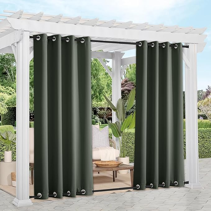NICETOWN Outdoor Curtains 2 Panels Bottom Weighted for Patio Waterproof, Grommet Thermal Insulated Fixed Windproof Blackout Outdoor Curtains Privacy for Pergola, W52 x L95, Greyish Green NICETOWN