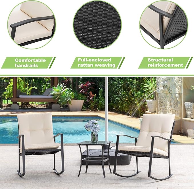Vongrasig 3 Piece Outdoor Rocking Chair Set, PE Wicker Rattan Small Bistro Set, Front Porch Furniture Rocking Chairs Set of 2, Cushioned Patio Rocker Chair Set with Glass Table (Beige) Vongrasig