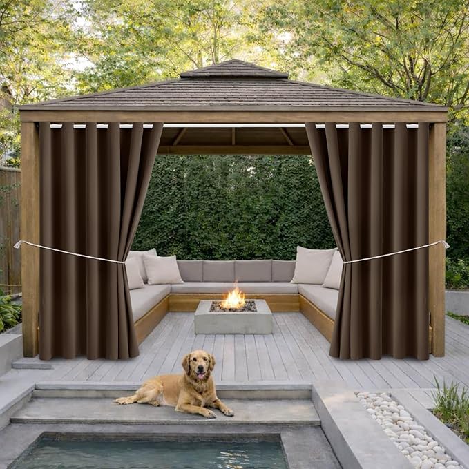 Water Proof Outside Curtains with Grommet Top for Porch, Thermal Insulated Washable Light Block Outdoor Divider Drapes for Patio Gazebo Deck Pool Area Pergola Cabana (W84 x L120, Brown, 2 Panels) DivaenCamino