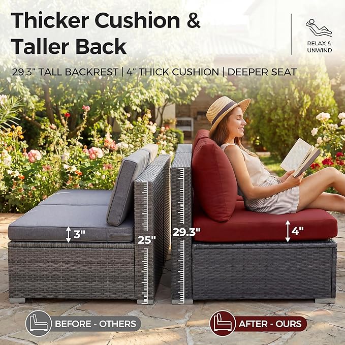 NICESOUL Backyard Furniture Set with Firepits Natural Gas/Propane, 9 Seater XL Oversized Wicker Sectional Couches, 29.3'' High Back Comfy Deep Wide Outdoor Patio Sofa Set, 2 Color Cushion Red & Gray NICESOUL