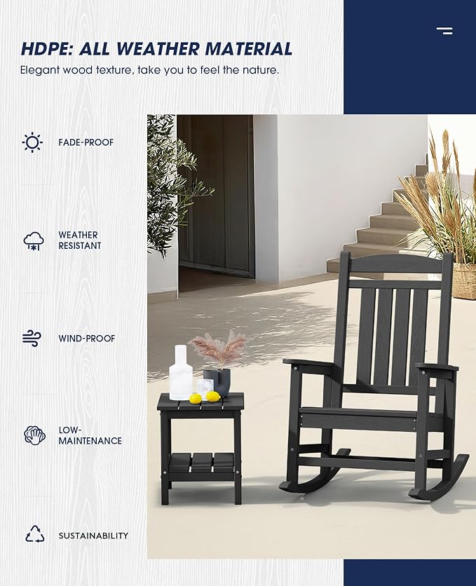 KINGYES Oversized HDPE Outdoor Rocking Chair Set of 2, Widened Seat Patio Rocking Chair, All Weather Patio Rocker, Black KINGYES