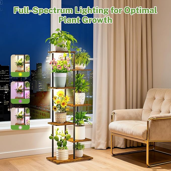 iDavosic.ly 6 Tier Tall Plant Stand Indoor with Light, Tiered Corner Metal Wood Multiple Flower Holder Shelf, 50 Inch Display Grow Rack for Living Room Bedroom, Modern Black & Rustic Brown iDavosicly