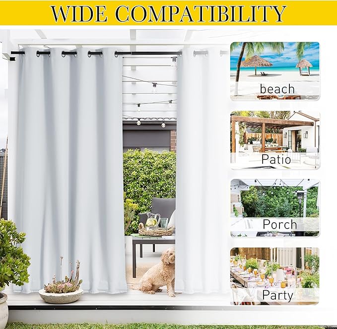 NICETOWN 2 Panels Outdoor Curtains for Patio Waterproof Extra Long 120", Windproof Thermal Insulated Top & Bottom Grommet & Back Tab Blackout Porch Drapes with Rope for Fixed, Greyish White, 52" Wide NICETOWN