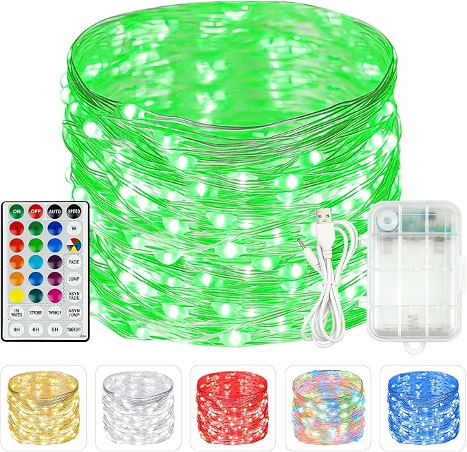 RGB Color Changing 33Ft 100LED St. Patrick's Day Fairy Lights Battery Operated, Waterproof String Lights USB Powered with Timer for Indoor & Outdoor, 18 Colors & Multicolor for Bedroom Christmas Decor BHCLIGHT